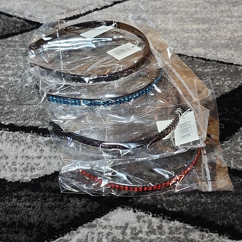 EMBELLISHED MUITI-COLOR DOUBLE ROW RHINESTONES SET-OF-4 HEADBANDS BUNDLE